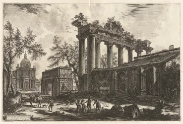 Altra Veduta degli avanzi del Pronao del Tempio del Concordia (Outra vista dos restos mortais do Pronaos do Templo da Concórdia [o Templo de Saturno com o Arco de Septímio Severo no fundo esquerdo]), de Vedute di Roma (Vistas de Roma)