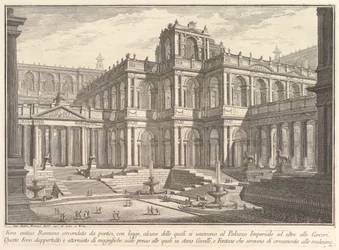 Fórum romano antigo cercado por pórticos, com galerias, algumas das quais comunicam ..., ca. 1750