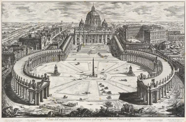Vista da ilustre basílica vaticana com amplo pórtico e adro adjacente