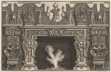 Pássaro com casca no centro do lintel, com um friso de troféus, encimado por um ..., 1769.