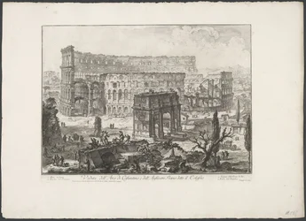 Boog van Constantijn no Coliseu de Roma Vista do Arco de Constantino e do Anfiteatro Flaviano conhecido como Coliseu (título no objeto) Gezichten op Rome (título da série) Vistas de Roma projetadas e gravadas pelo arquiteto Giambattista Piranesi Ve (nez) i