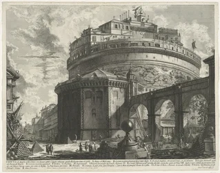 Engelenburcht te Roma
Vista do Mausoléu de Helios Hadrian (agora chamado Castello S. Angelo) em frente à Fachada dentro do Castelo (título sobre o objecto)
Gezichten op Rome (título da série)
Vistas de Roma desenhadas e gravadas por Giambattista Piranes