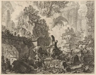 Frontispício, Fantasia de Ruínas com uma Estátua de Minerva em Primeiro plano, de Vedute di Roma (Vistas de Roma)