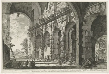 Financiamento de Santi Giovanni e Paolo te Rome Vista do andar superior do Serraglio delle Fiere construído por Domiciano para uso do Anfiteatro Flaviano e comumente conhecido como Curia Ostilia (título no objeto) Gezichten op Rome (título da série) Vistas