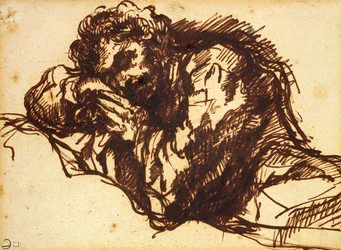 Meio comprimento, retrato, de, um, homem, curvatura, sobre, (caneta, e, tinta, ligado, paper)