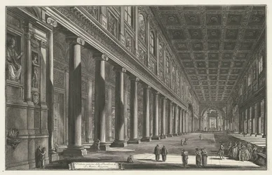 Interieur van de Santa Maria Maggiore te Rome
Vista interior da Basílica de Santa Maria Maior (título sobre o objecto)
Gezichten op Rome (título da série)
Vistas de Roma desenhadas e gravadas pelo arquitecto Giambattista Piranesi Ve(nez)iano (título da 