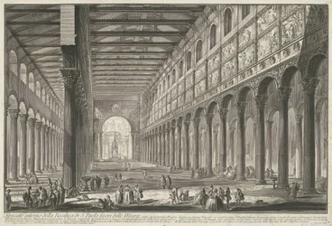 Interieur van de Sint-Paulus buiten de Muren te Rome
Secção interior da Basílica de São Paulo Fora dos Muros (título sobre o objecto)
Gezichten op Rome (título da série)
Vistas de Roma desenhadas e gravadas pelo arquitecto Giambattista Piranesi Ve(nez)i