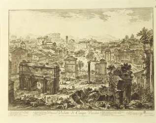 Itália, Roma, vista do Campo Vaccino (Fórum Romano) com Arco de Septimius Severus (gravura)