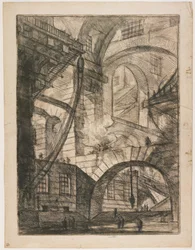 Perspectiva dos arcos, com uma lareira fumegante, ilustração 6 de Carceri d&39;Invenzione