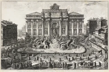 Vista em perspetiva da grande fonte da Acqua Vergine, chamada Fonte de Trevi