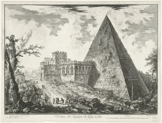 Piramide de Cestius te Roma Vista do Túmulo do Cajo Castio (título no objeto) Gezichten op Rome (título da série) Vistas de Roma projetadas e gravadas pelo arquiteto Giambattista Piranesi Ve (nez) iano (título da série)