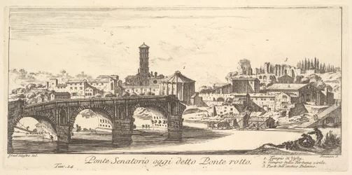 Ilustração 14: Ponte Senatorial, hoje chamada de Ponte Rotto Broken Bridge. 1. Templo o..., ca. 1748.