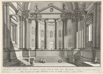 Prancha 9: Sala com colunas segundo o costume dos antigos romanos (...), de «Primeira parte de arquitecturas e perspectivas: desenhada e gravada por Gio. Batt