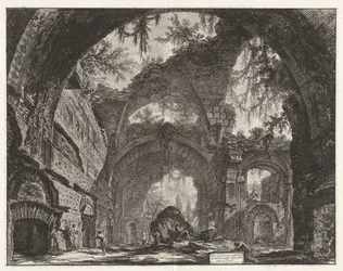 Ruínas de uma galeria de esculturas na Villa Adriana em Tivoli [na realidade as grandes termas], de Vedute di Roma (Vistas de Roma)