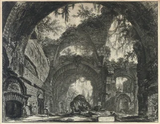 Ruínas de uma galeria de estátuas na Villa Adriana em Tivoli