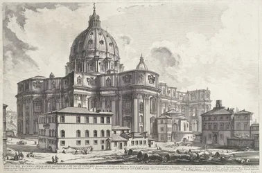 Praça Sint-Pietersbasiliek vanaf da Sacristia Vista do exterior da grande Basílica de São Pedro no Vaticano (título no objeto) Gezichten op Rome (título da série) Vistas de Roma projetadas e gravadas pelo arquiteto Giambattista Piranesi Ve (nez) iano (ser