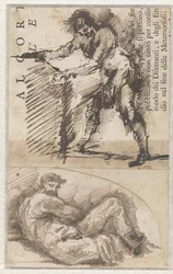 Estudo de uma figura masculina de pé a medir um pedestal (a). Estudo a partir de Il Giorno de Michelangelo (b)