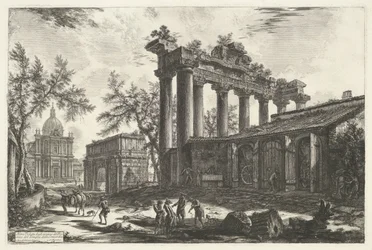Tempel van Saturnus te Roma Outra vista dos restos do Pronaos do Templo da Concórdia (título no objeto) Gezichten op Rome (título da série) Vistas de Roma projetadas e gravadas pelo arquiteto Giambattista Piranesi Ve (nez) iano (título da série)