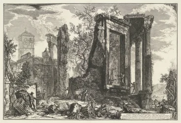 Tempel van Vesta en de Tempel van de Tiburtijnse Sibille em Tivoli Outra Vista do Templo da Sibila em Tivoli (título no objeto) Gezichten op Rome (título da série) Vistas de Roma projetadas e gravadas pelo arquiteto Giambattista Piranesi Ve (nez) iano (ser