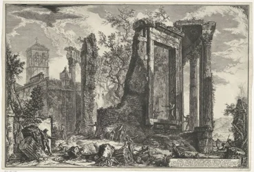 Tempel van Vesta en de Tempel van de Tiburtijnse Sibille em Tivoli Outra Vista do Templo da Sibila em Tivoli (título no objeto) Gezichten op Rome (título da série) Vistas de Roma projetadas e gravadas pelo arquiteto Giambattista Piranesi Ve (nez) iano (ser