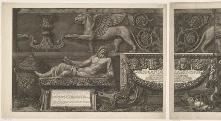 Impressão do título com esculturas, relevos esculpidos e um sarcófago com título Vasos, castiçais, lápides, sarcófagos, tripés, luminárias e ornamentos desenhados e gravados por Giovanni Battista Piranesi (título da série) Vasi, candelabros, cippi, sarcófa