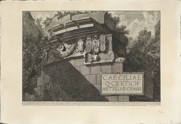 Túmulos de Caecilia Metella te Roma
Parte da Fachada da Tumba de Cecilia Metella com Ornamentos, que existe hoje (título sobre o objecto)
Archeologische vondsten in en rond Rome (título da série)
As Antiguidades Romanas (título da série)