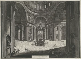Transept van de Sint-Pietersbasiliek te Vaticaanstad Vista interior da Basílica de São Pedro no Vaticano perto da Tribuna (título no objeto) Gezichten op Rome (título da série) Vistas de Roma projetadas e gravadas pelo arquiteto Giambattista Piranesi Ve (