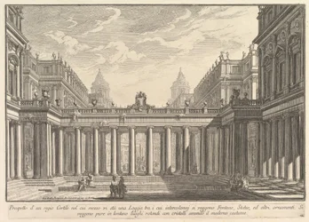Vista de um pátio com uma varanda, fontes, estátuas e outros ornamentos Prospetto ..., ca. 1750