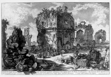 Vista de um túmulo na Via Appia em Roma. Desenho de Giovanni Piranesi (conhecido como Piranese) (1720-1778). 1756