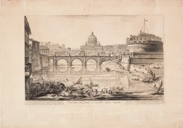 Vista da ponte e do Castelo de Santo Ângelo, o Mausoléu de Adriano, com barcos no Tibre em primeiro plano e a cúpula da Basílica de São Pedro ao fundo