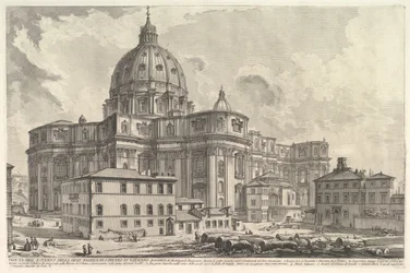 Vista do exterior da Basílica de São Pedro no Vaticano, de Vedute di Roma Roma..., ca. 1748.