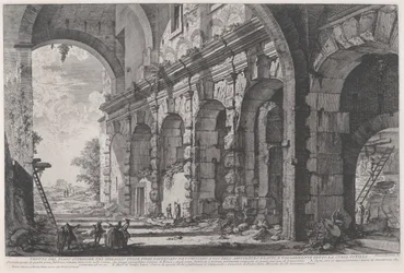 Vista do andar superior das Jaulas para Animais Selvagens construídas pelo Imperador Domiciano, associadas ao Anfiteatro Flaviano e comumente chamadas de Curia Hostilia, c.1760-1778 (gravura)