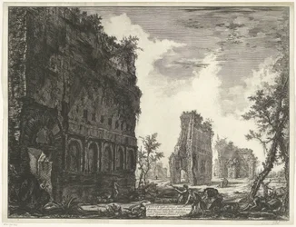 Villa Adriana t e Tivoli Vista dos restos da circunferência das antigas fábricas de uma das praças da Villa Adriana (título no objeto) Gezichten op Rome (título da série) Vistas de Roma projetadas e gravadas pelo arquiteto Giambattista Piranesi Ve (