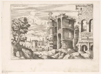 Gezicht op het Coliseu e omgeving te Roma Colosseum ro prospectus (título no objeto) Ruínas romanas (título da série) Alguns Monumentos Importantes da Antiguidade Romana (...) (título da série)