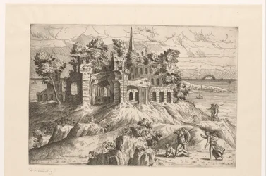 Paisagem com ruínas na orla marítima e um sol nascente ou poente
Paisagens com ruínas e arquitectura e figuras de fantasia em trajes antigos e exóticos (título da série)