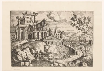 Paisagem com ruínas e arquitectura de fantasia sobre água corrente com cascata
Paisagem com ruínas e arquitectura e figuras de fantasia em trajes antigos e exóticos (título da série)