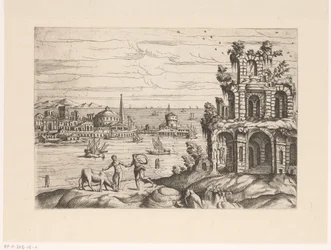 Paisagem urbana com ruínas e arquitetura de fantasia à beira-mar Paisagens com ruínas e arquitetura de fantasia e figuras em trajes antigos e exóticos (título da série)