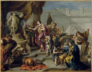 Cipião o Africano (Publius Cornelius Scipio Africanus) (235-183 aC) presta homenagem ao deus Marte (Scipio presta homenagem a Marte) - Pintura de Giovan Battista Pittoni (1687-1767), óleo sobre tela (71,7x91,1 cm) - Coleção privada