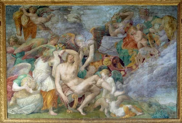 A morte de Adónis, fresco da 5.ª arcada sul da galeria de Francisco I em Fontainebleau. Pintura de Giovanni Battista di Jacopo Rosso (1494-1541)