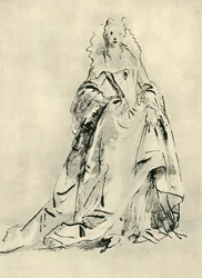 Uma senhora vestindo um vestido com gola alta e corpete pontudo, início do século XVIII, 1943.