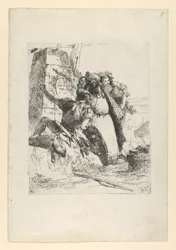 Um mágico, um soldado e três figuras observando uma caveira em chamas do Scherzi d..., ca. 1743-50.