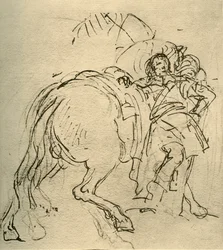 Um cavaleiro encostado no cavalo, c1740s, 1928