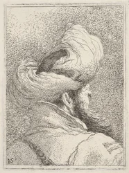 Homem barbudo usando um turbante, retratado no comprimento do busto por trás em três quartos vi ..., ca. 1770
