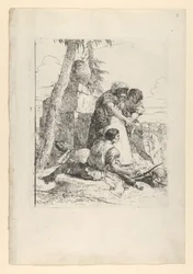 Mágico apontando uma cabeça em chamas para dois jovens, do Scherzi, ca. 1743-50.