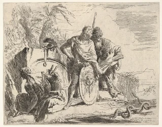 Três figuras e uma cobra enrolada em volta de um cajado, cercado por uma paisagem, o século XVIII.