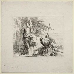 Vários caprichos: A mulher de pé com as mãos em um vaso, 1785.