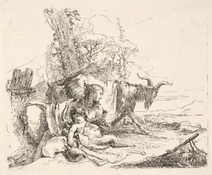 Mulher e sátiro infantil em uma paisagem, a mulher girando para olhar por cima de sua flecha esquerda, ca. 1740-42.
