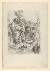 Mulher ajoelhada na frente de mágicos e outras figuras, do Scherzi, ca. 1743-50.