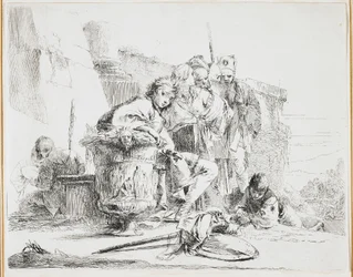 Homem jovem, sentada, inclinar-se, contra, um, urna, prato, de, Vari, Capricci, (Various, Caprices), 1740s