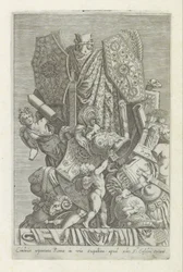 Trofee van wapens en sculpturen
Cimbrico reportata Romae in via exquilina apud (...) (título sobre o objecto)
Escultor antieke em Roma (título da série)
Antiquarum statuarum urbis Romae quae in publicis locis visuntur icones (título da série)